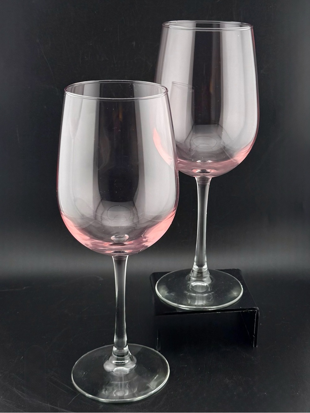 2 pink tinted wine glasses 20 oz